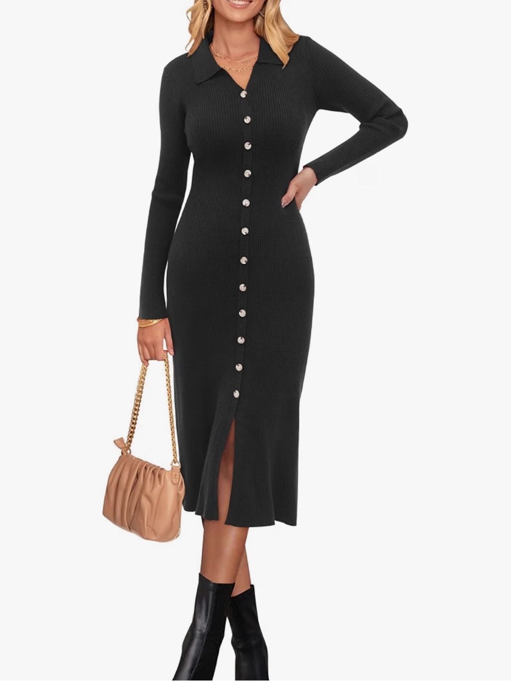 Ribbed Button-Front Collared Midi Dress - Black